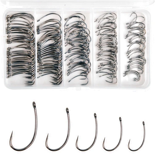 VATEICO 175pcs Barbless Fishing Hook Kits,Small Size Carp Fishing Hooks Curve Shank Crank and Wide Gape Carp Hooks Fly Tying Hooks Circle Hooks with Tackle Box Size 2#,4#,6#,8#,10#