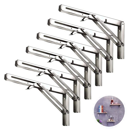 Foozet Folding Shelf Brackets 16 Inch, Heavy Duty Stainless Steel Collapsible Hinges Wall Mounted Angle L Bracket for Floating Shleves DIY Foldable Work Bench Table Desk - 6 Pack
