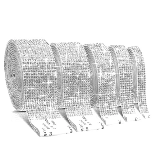 Outus 5 Rolls Self Adhesive Crystal Rhinestone Diamond Roll Ribbon Bling Gemstone Strips Sticker Rhinestone for Craft with 2 mm Rhinestone 4.5 Yards, DIY Event Car Phone Decoration (Silver)