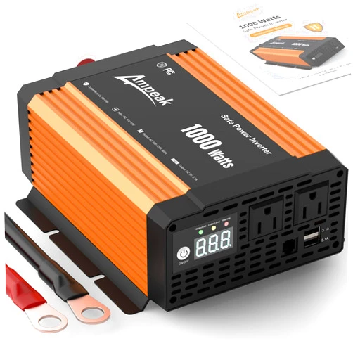 Ampeak 1000W Inverter 12V to 110V Led Screen Display Truck Inverter 2AC Outlets Dual 3.1A USB Ports Power Inverters for Vehicles