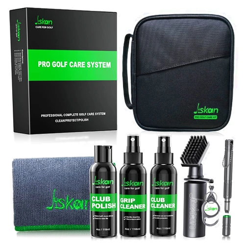 Jiskan Pro Golf Cleaning Kit with Golf Club Cleaner Brush, Grip Cleaner, Club Polish, Towel, Club Groove Sharpener Tool and Portable Case, Essentials Golf Accessories for Men Golf Gifts for Golfers