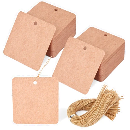 SallyFashion 80PCS Kraft Paper Gift Tags with String, 2x2 Inch Brown Square Hanging Labels Cloth Business Craft Blank Tags