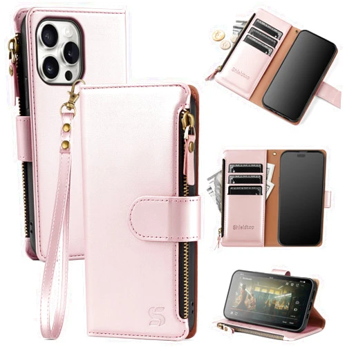 Shieldtop Compatible with iPhone 14 Pro Wallet Case with Card Holder,Women Men RFID Blocking PU Leather Flip Cover Wrist Strap Zipper Credit Card Slots,Phone Case for Apple 14 Pro 6.1