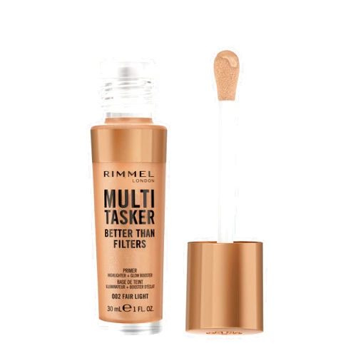 Rimmel Multi-Tasker Better Than Filters, 002 Fair Light, Face Primer, Glow Booster and Highlighter, Vegan Formula, Anti-Ageing Benefits, Light-Reflecting Pigments, Giant Soft-Touch Wand, 1oz