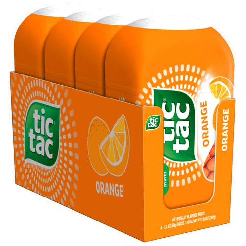 Tic Tac Orange Flavored Mints, 4 Bottle Packs, On-the-Go Refreshment, Stocking Stuffers, 3.4 oz Each
