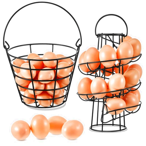 Zubebe 2 Pcs Egg Holder Basket Spiral Egg Skelter Countertop Dispensing Rack Metal Collecting Egg Storage,fresh Egg Basket Black Wire Chicken Egg Dispenser for Kitchen Display(9.4'',handle Style)