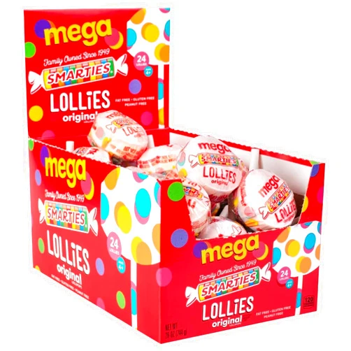 Smarties Double Lollies Mega - Gluten Free, Peanut Free, Fat Free Assorted Fruity Flavors Lollipops - Perfect for Birthdays, Parties - Made by US Candy Company Since 1949-24 Count Box (Pack of 1)