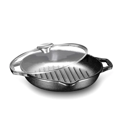 Bruntmor Enameled Cast Iron Skillet Deep Round Grill Pans For Stove Tops with Glass Lid|10 Inch Frying Pan Cast Iron Skillets with Double Loop Handles & Lid Safe for Oven & all Cooking Tops, Black