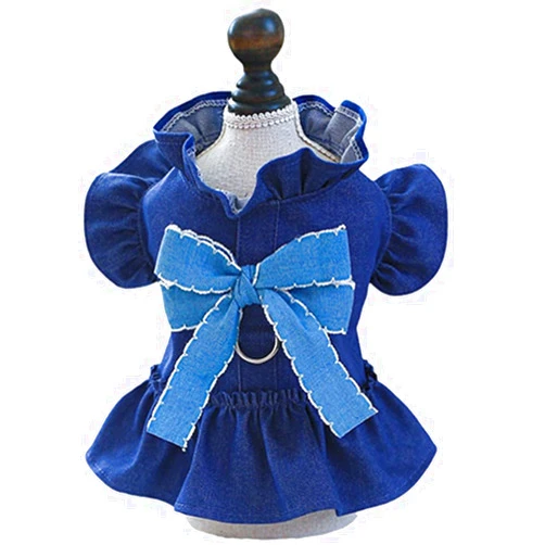 ANIAC Denim Dog Dress for Small Dog Girl Puppy Harness Dress with Leash Ring Ruffled cat Dress with D-Ring Summer Cat Clothes Blue Female Dog Clothes (X-Small, Ruffled)