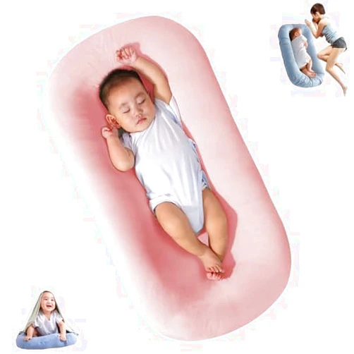 Veayiik Baby Lounger for Newborn Pillow, Baby Pillow Nest Cosleeping for Baby in Bed, Newborn Lounger for Boys & Girls 0-12 Months (Pink)