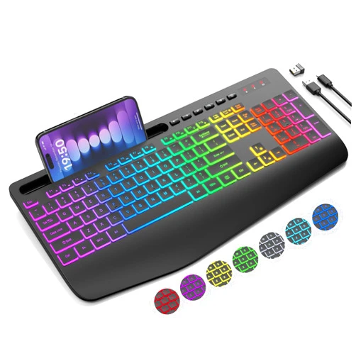 SABLUTE Wireless Keyboard with 8 Colored, 9 Effects Backlits, Wrist Rest, Phone Holder, Rechargeable Ergonomic Computer Keyboard with Silent Keys, 2.4G Lag-Free Cordless Set for PC, Laptop, Windows, MacBook