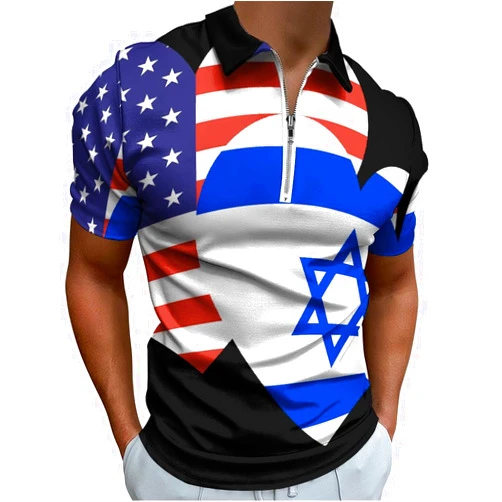 LonWide Israel American Heart Flag Mens Golf Shirts Short Sleeve Golf Polo Shirts Casual Slim Fit Polo T Shirts