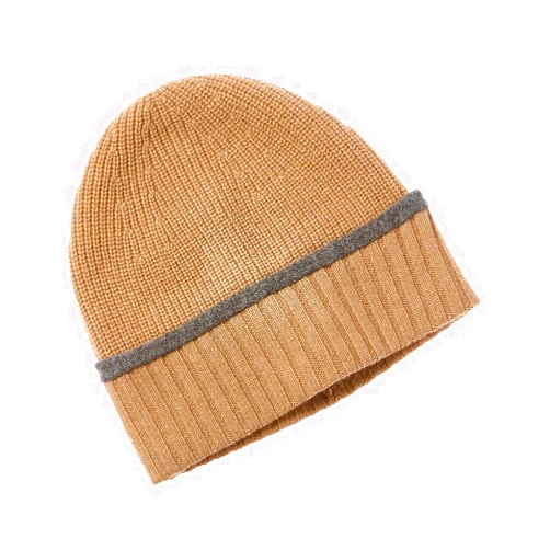 Amicale Cashmere Tipped Cuff Ribbed Cashmere Beanie, Brown