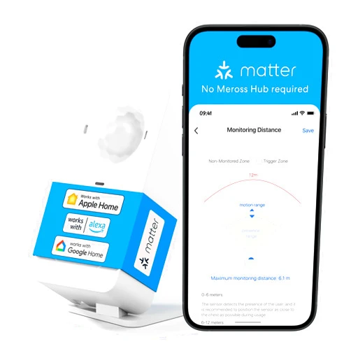 meross Matter Human Presence Sensor, 3-in-1 PIR & Light & mmWave Radar Motion Sensor, AI Motion Detector for Matter Smart Home Automation, Supports HomeKit, Alexa, Google, Home Assistant, 2.4GHz Wi-Fi