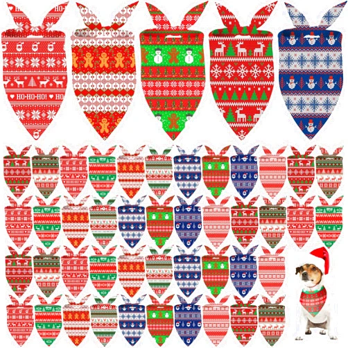 Weewooday 50 Pcs Christmas Bandanas for Dogs Xmas Bandanas Bulk with Ugly Sweater Patterns Soft Bibs Adjustable Triangle Doggie Scarf for Small Medium Large Pet (25.6 x 17.7 x 17.7 Inch)