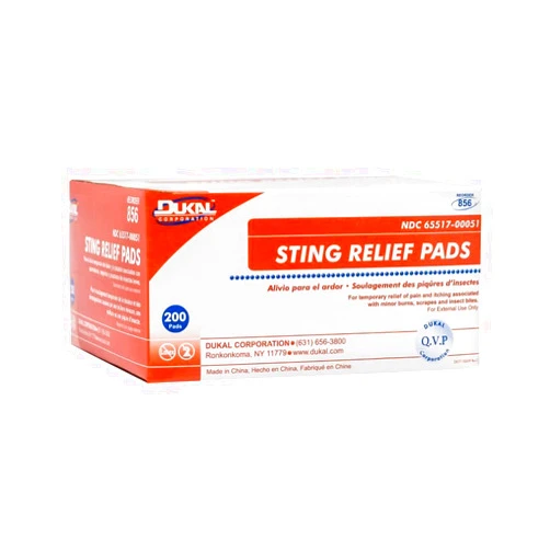 Dukal Sting Relief Pads. Case of 200 Anesthetic Pads for Burns, Scrapes. 2-Ply Non-Woven Pads in Individual Pouches, Non-Sterile Sting Relief Wipes, 856