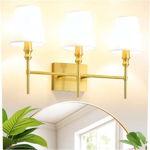 ZSMAIKU Bathroom Light Fixtures,23.6 IN Bathroom Vanity Lights Over Mirror，3-Light Antique Brass Vintage Wall Sconce With Flared White Fabric Lampshade For Bedroom,Living Room,Foyer,Hardwired,E12 Base