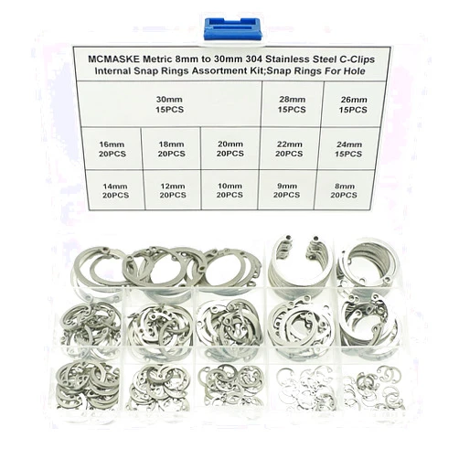 MCMASKE Metric 304 Stainless Steel 8MM-30MM C-Clips Internal Snap Rings Assortment Kit;Retaining Rings for Hole