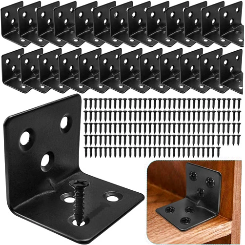 Carooyac 26PCS Black L Corner Brackets for Wood + 156PCS Screws, Stainless Steel Corner Braces Metal Small L Brackets for Shelves, Heavy Duty Angle Brackets for Raised Bed Table Leg Bed Frame Cabinet