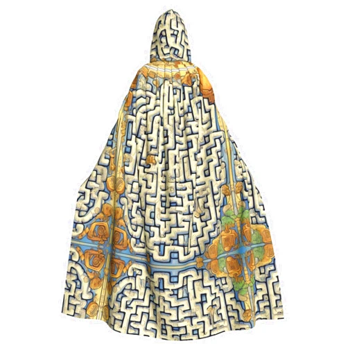 WBQLSL Adult Cosplay Cape, Labyrinth Treasure Map Patterned Witch Robe, Men and Women Halloween Prom Party Hooded Cape