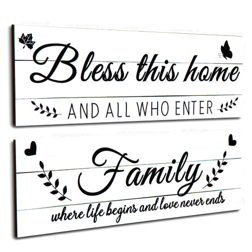 Jetec Wooden Family Signs Rustic Bless This Home Wood Family Decor Wall Art Farmhouse Entryway Decoration for Bedroom Living Room Office, 13.8 x 4.7 Inch (White)