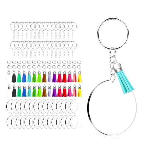Lganze 120 pcs Acrylic Keychain Blank with Key Rings: Tassels Key Chain for Craft,Bulk Keychain Rings,Key Chain Kit For Girls, Silver
