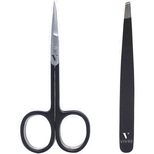 VIVRE Cosmetics Vivre Stainless Steel Cuticle Scissor with Tweezer - Professional set of Eyelash Scissor and tweezer for Women - Ideal for Fingernails, Eyebrows, Eyelashes, Dry Skin, And Men's Beard - BLACK