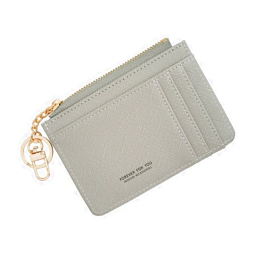 Prometheism Women Slim Leather Minimalist Front Pocket Wallet Card Case Holder with ID Window & Keychain (Grey)