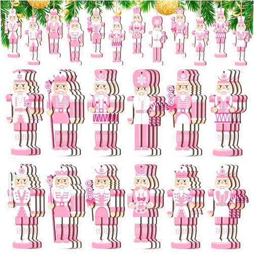 Qunclay 36 Pcs Pink Christmas Nutcracker Ornaments Wood Hanging Nutcrackers Miniature Nutcracker Figures Traditional Holiday Nutcrackers Christmas Sweater Ornament for Xmas Decoration (Pink Nutcracker Style)