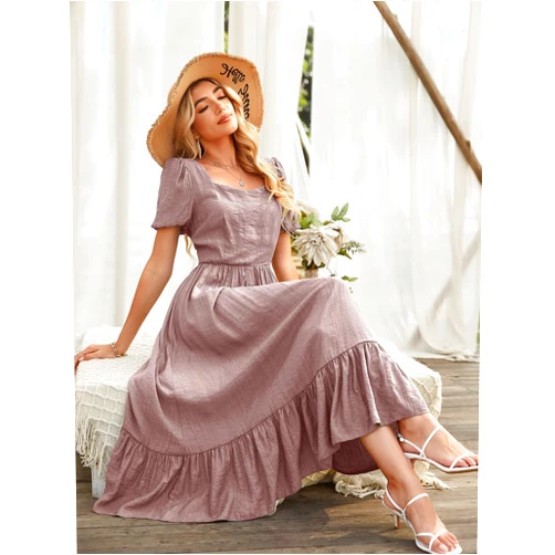 ZARKL Women's Dress Dresses for Women Ruffle Hem Puff Sleeve Dress Dresses for Women (Color : Dusty Pink, Size : Large)