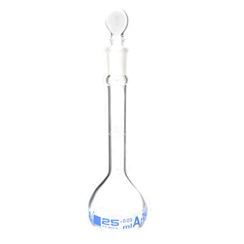 EISCO Volumetric Flask, 25ml - Class A, ASTM - Tolerance ±0.030 ml - Glass Stopper - Single, Blue Graduation