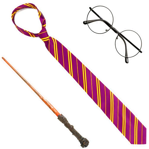 Skeleteen Wizard Costume Accessories Set - Nerd Circle Glasses, Red and Gold Tie and a Magic Wand Accessory Set for Kids and Adults
