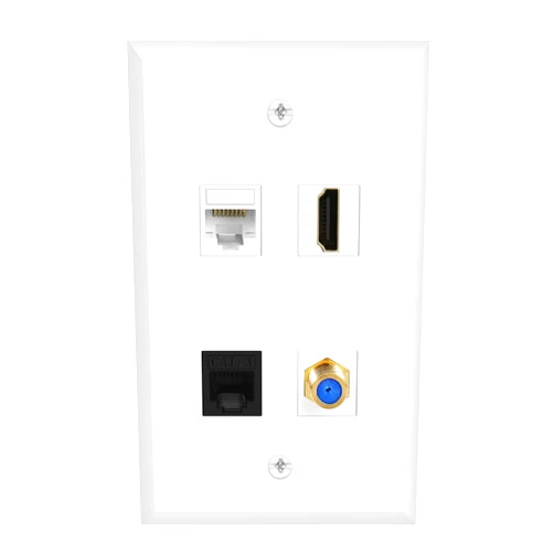 TNP Products TNP Ethernet Coax HDMI Phone Wall Plate - Cat 6 RJ45 Port + TV Coax/Coaxial F Type Connector + HDMI + Phone RJ11/RJ12 Cat 3 Keystone Jack Multi Combo Faceplate Video Audio Socket Outlet Cover Panel