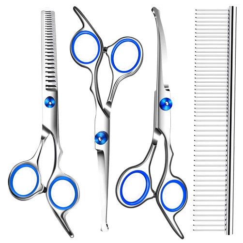 Wikdey Dog Scissors for Grooming with Safety Round Tip,Professional Dog Grooming Kit,Dog Hair Shears Set,Incude Thinning、 Curved、Straight Scissors and Comb.Suitable for The Right Hand