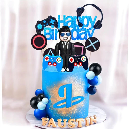DRWATE Video Game Cake Toppers Gamer Cake Decoration Game Controller Blue Black Ball Cake Toppers for Game Theme Party Man Boy Birthday Party Supplies (Style 1)