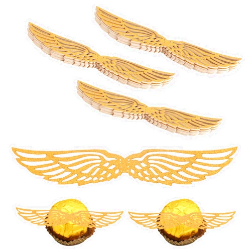 CCINEE 50 Pcs Gold Glitter Wings Wizard Chocolate Decoration Cupcake Toppers Hollowed Golden Wings Wafer with Glue Point Dots for Themed Party Birthday Cake Wedding