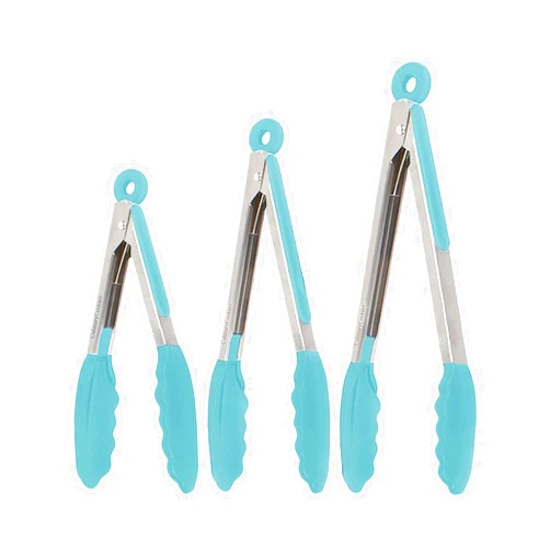 Culinary Couture Silicone Kitchen Tongs for Cooking with Silicone Tips, Heat Resistant Tongs for Serving Food, 7-Inch, 9-Inch, 12-Inch Locking Tongs, Set of 3 Salad Tongs, Aqua Sky Kitchen Utensils