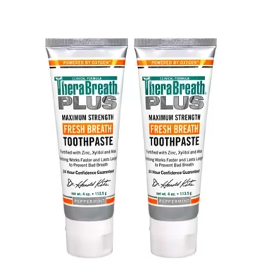 TheraBreath Plus Fresh Breath Maximum Strength 24-Hour Toothpaste with Zinc, Xylitol and Aloe, 4 Ounce (Pack of 2)