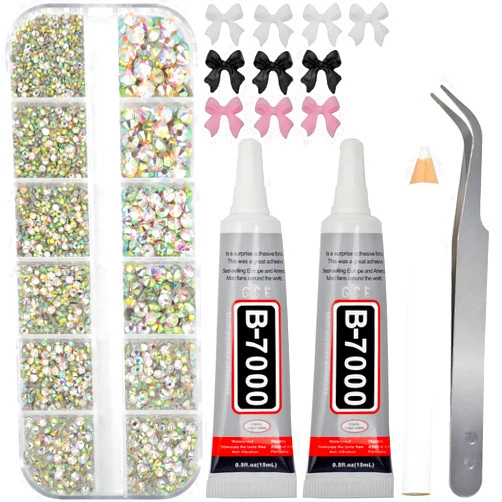 QOGIR Jewelry Adhesive Glue with Crystal Flatback Rhinestones kit, 6 Sizes 2500Pcs Clear AB No Hotfix Rhinestones for Nail Art Craft with Bow Tweezers and Pencil