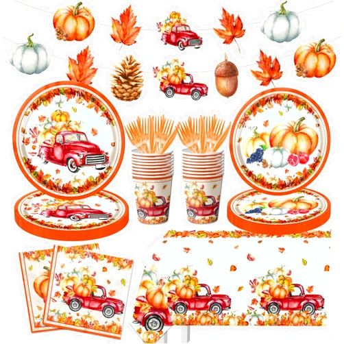 CMUSKO 142Pcs Fall Party Plates and Napkins Party Supplies, Autumn Pumpkin Leaves Tableware Set with Cups,Banner,Pumpkin Tablecloth for Fall Harvest Party Thanksgiving Dinner Party Decorations, Serves 20