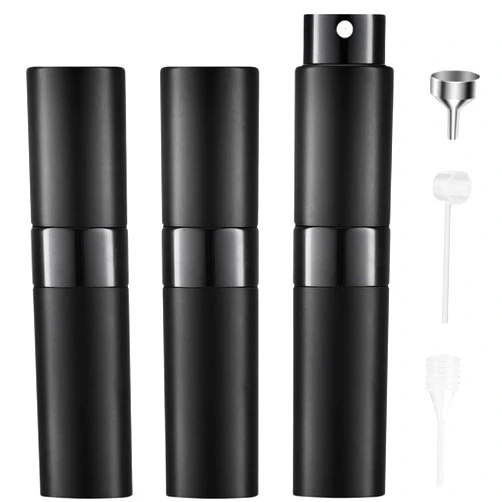 Onlymory 8ML Refillable Perfume Bottles Atomizer, Travel Perfume Spray Bottle Empty, 3-Section Twist Leak-Proof Mini Portable Cologne Dispenser, 3 Pack (Matte Black)