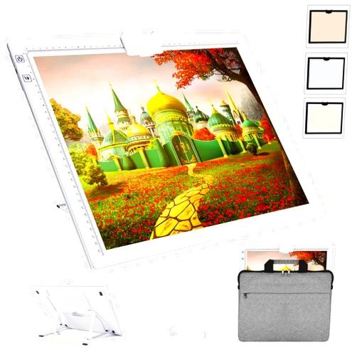 ASRAS Led Light Pad with Carry Bag, Rechargeable Battery Powered Tracing Light Box, 3 Colors Stepless Dimmable 6 Levels of Brightness Diamond Painting Light Board ,Built-in Stand, Magnet Clip