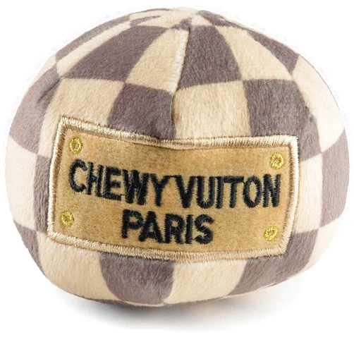 Haute Diggity Dog Checker Chewy Vuiton Ball, Plush Designer Dog Toys with Interactive Squeaker, Stimulating Pet Enrichment, Machine-Washable & Safe Materials for All Breeds, Size Small