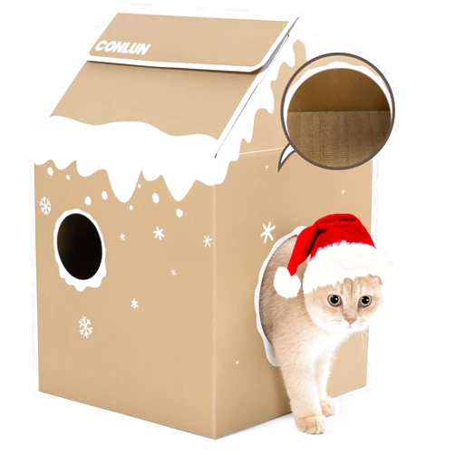 Conlun Cardboard Cat Scratcher House with Cat Scratch Pad&Catnip,Quick Assembly Cardboard Gingerbread House for Indoor Cats Scratching,Kitty forChristmas-Gift,Festive Addition to Any Home Decor