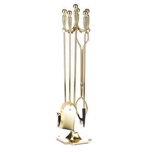 UniFlame Polished Brass Finish 5-Piece Fireplace Tools Set with Heavy Weight Steel Construction