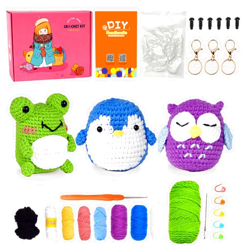 PIPAPI Christmas Crochet Kit for Beginners, 3 Pattern Animals-Owl, Penguin, Frog, Knitting Kit for Adult Kids with Step-by-Step Video Tutorials and Yarns, Hook, Accessories