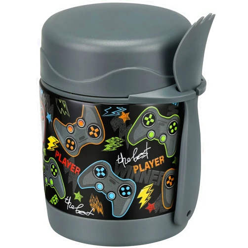 Pawtong 10oz Soup Thermo for Hot Food Kids Insulated Food Jar,Thermo Hot Food Lunch Container, Width Mouth Stainless Steel Lunch Box for Kids with Spoon (Black-Gamepad)
