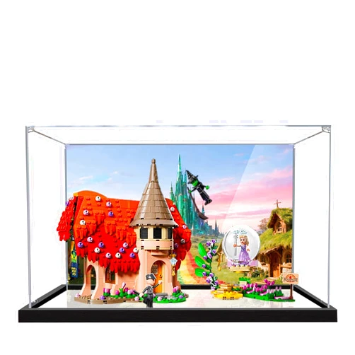QIXINDGYH Acrylic Display Case for Lego 75690 Glinda and Elphaba Visit Munchkin Model, 3mm Dustproof Display Box, Display Case Compatible with Lego 75690 (Model Not Included) (Background 3MM+Mirror)