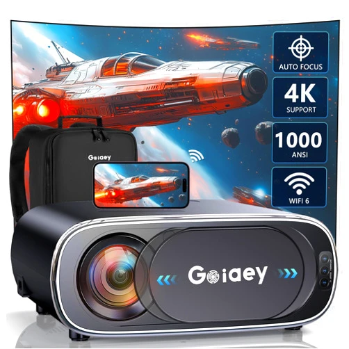 Goiaey [Auto Focus + Auto Lens Cover] Projector 4K with WiFi-6 and Bluetooth 5.2, Goiaey 1000 ANSI FHD 1080P Portable Outdoor Projector, Auto 6D Keystone & 50%-100% Zoom, Smart Projector with 100'' Screen