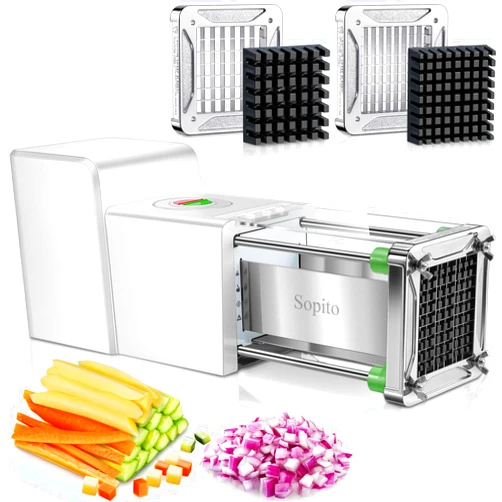 Sopito French Fry Cutter Electric - Stainless Steel Vegetable & Fruit Chopper with 1/2 & 3/8 Inch Blades for Potatoes, Carrots, Cucumbers & Onions